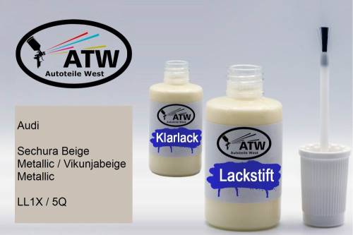 Audi, Sechura Beige Metallic / Vikunjabeige Metallic, LL1X / 5Q: 20ml Lackstift + 20ml Klarlack - Set, von ATW Autoteile West.